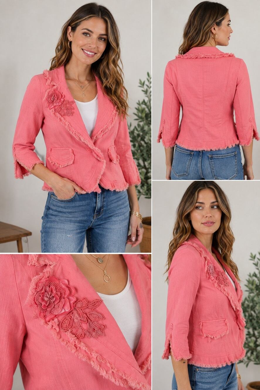 Solemio Boho Rose Pink Frayed Blazer Jacket with 3D Floral Embellishment Size M